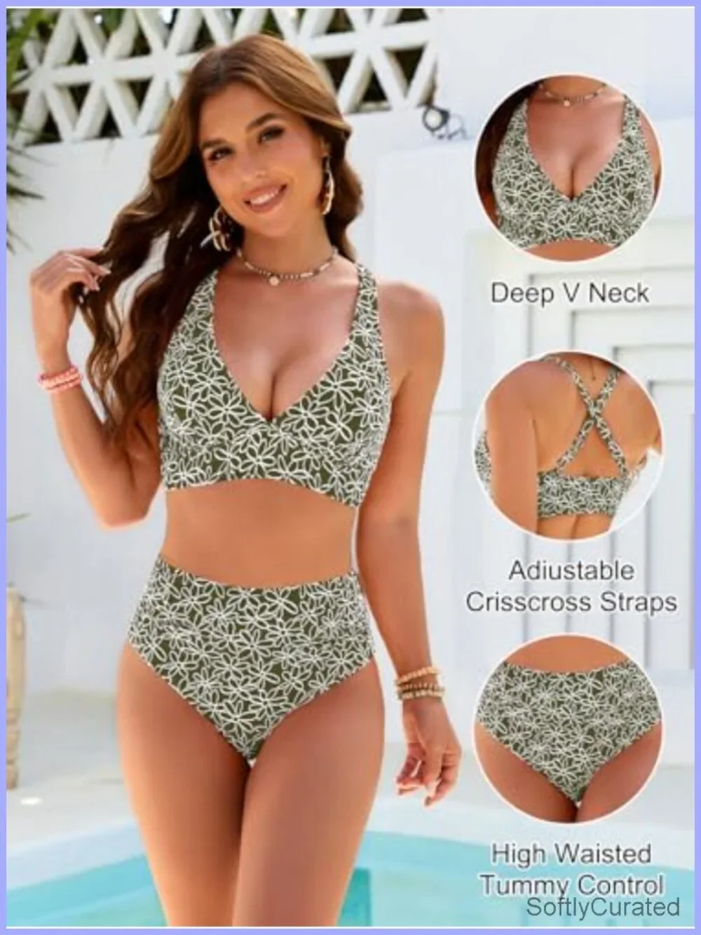 High Waisted Bikini Set with Tummy Control and Floral Embroidery